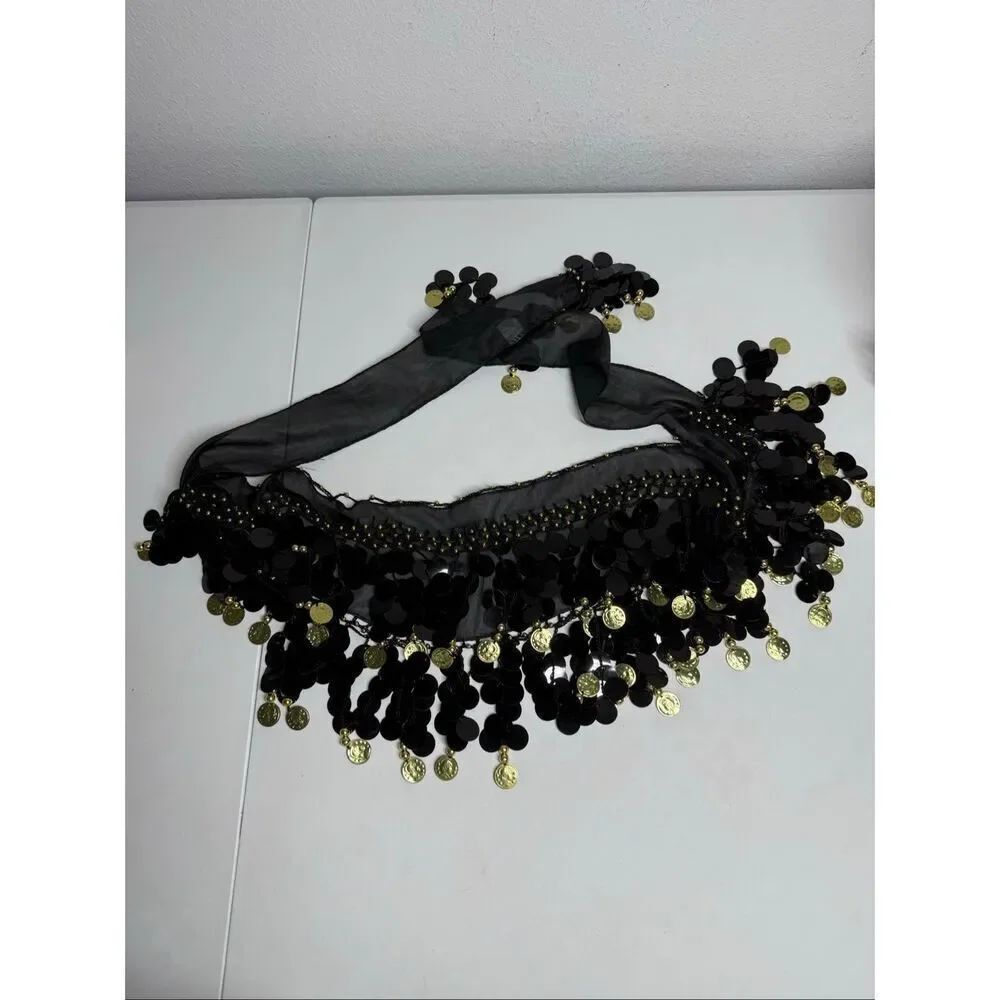 Vintage Belly Dance Hip Skirt Scarf Wrap Belt 2 Rows Gold Color Coins